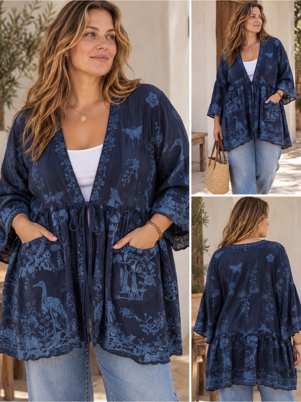 Johnny Was Navy Embroidered Floral Print Kimono Cardigan With Pockets XL